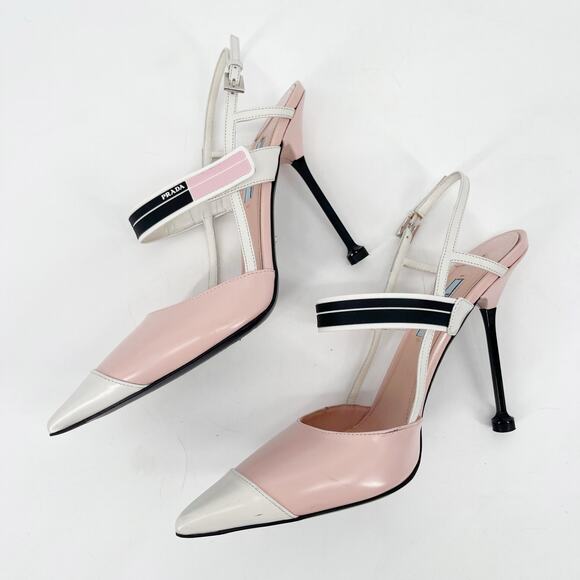 Prada Pink White Brushed Leather Logo Strap Slingback Cap Toe Heels IT 40 - Picture 5 of 16